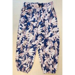 Nicole Miller Pull on Pants High Rise Paperbag Cargo Jogger Floral Navy sz M